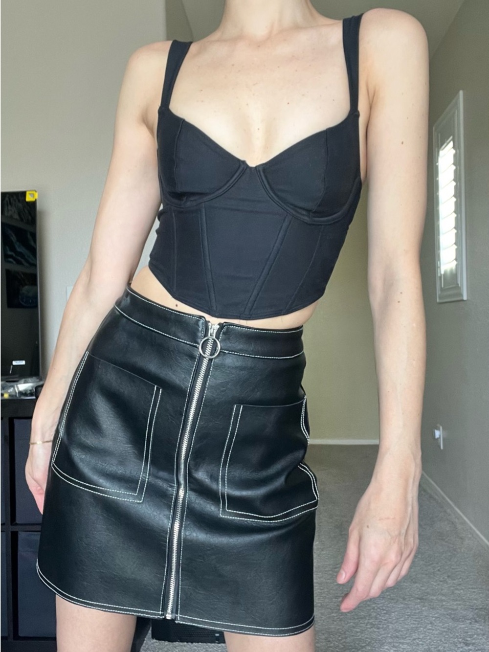 ASOS Black Faux Leather Zip-Front Mini Skirt with Contrast Stitching